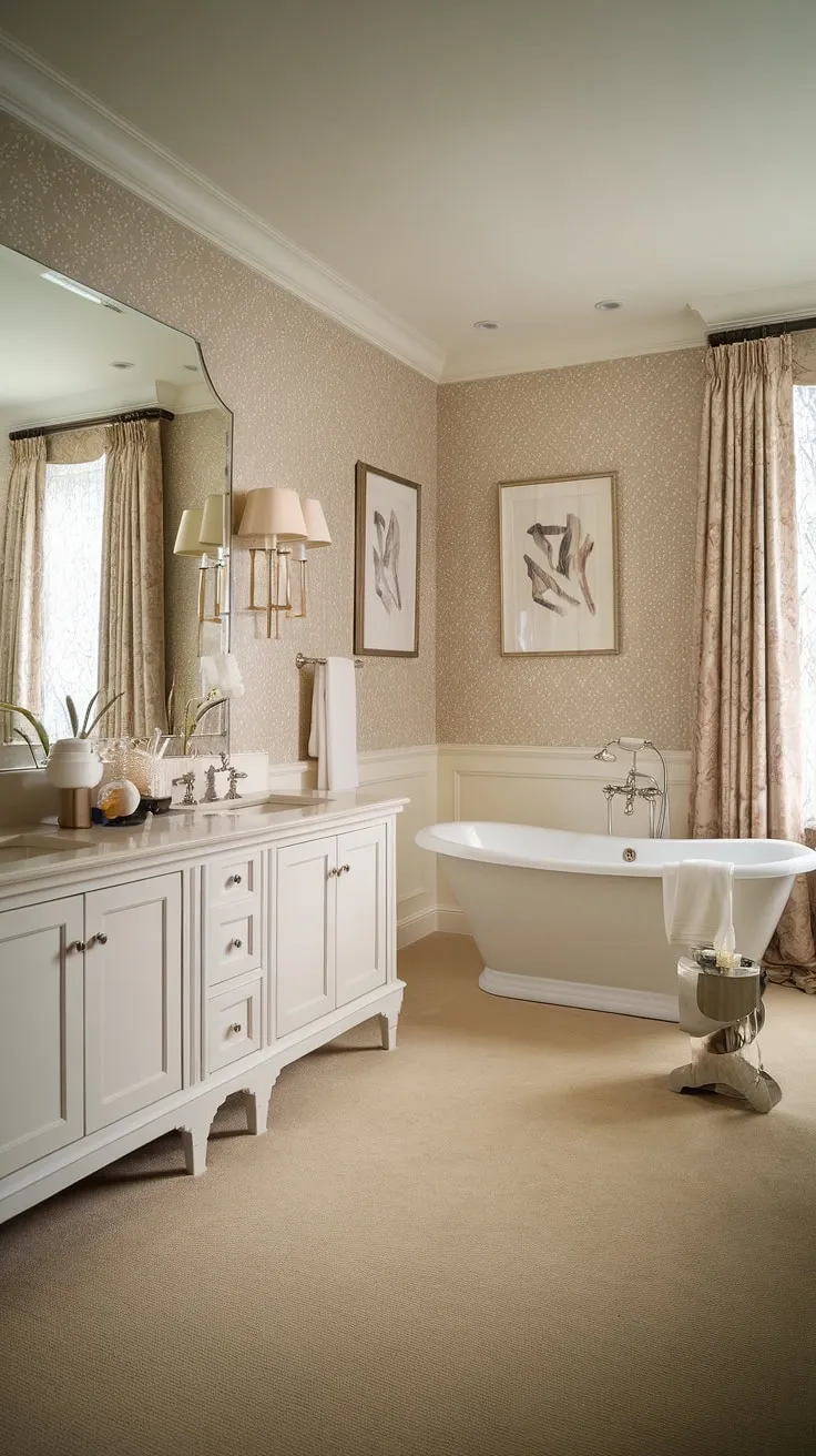 Indulge in the serene elegance of this Hollywood Regency bathroom. The soft beige palette, luxurious freestanding tub, and plush carpeting create a sanctuary of calm and sophistication. A perfect escape for those seeking tranquility and refined style.