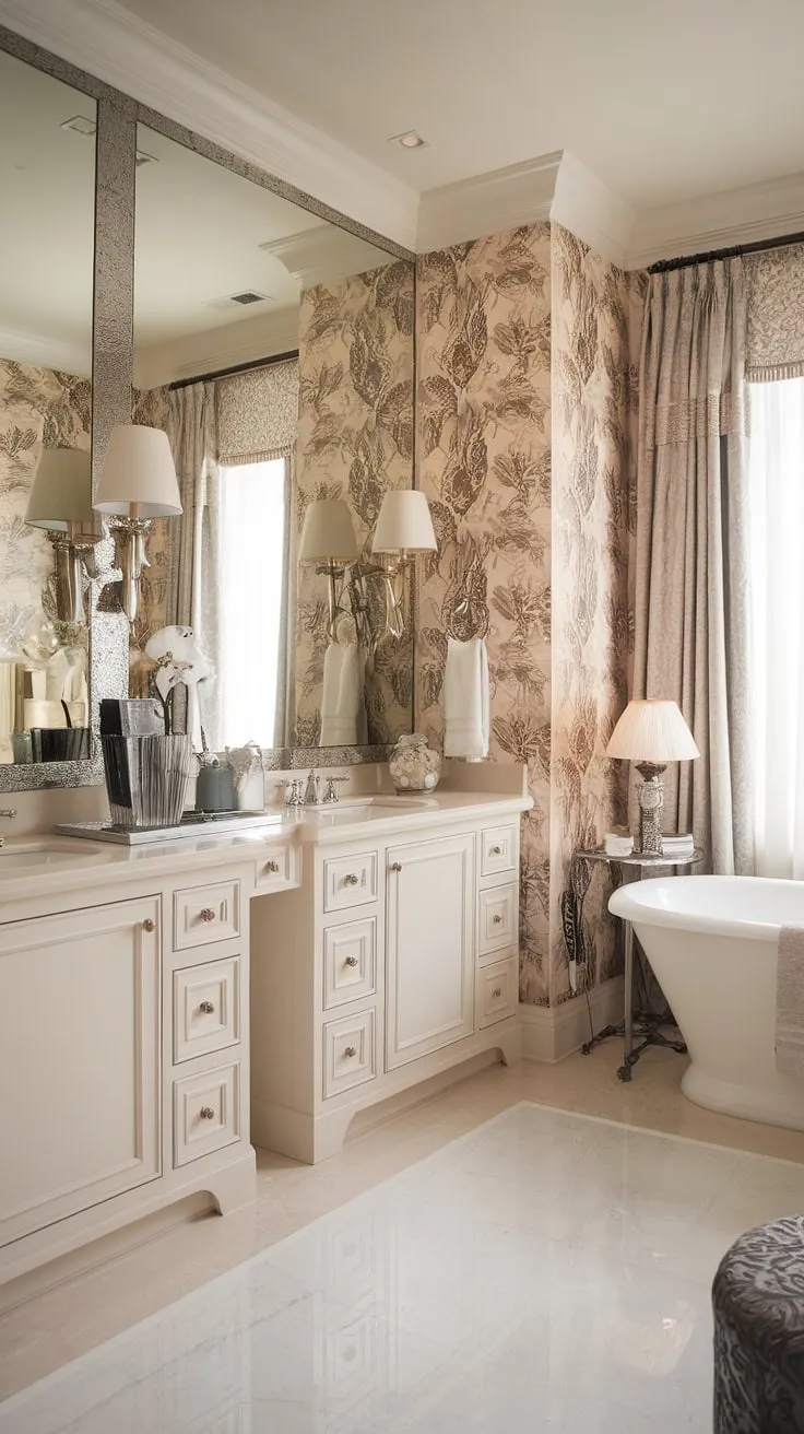 Step into a world of refined elegance. This beige and white bathroom, adorned with exquisite floral wallpaper, offers a sanctuary of calm. The freestanding bathtub and ample vanity complete this dream escape. A perfect blend of classic and contemporary design.