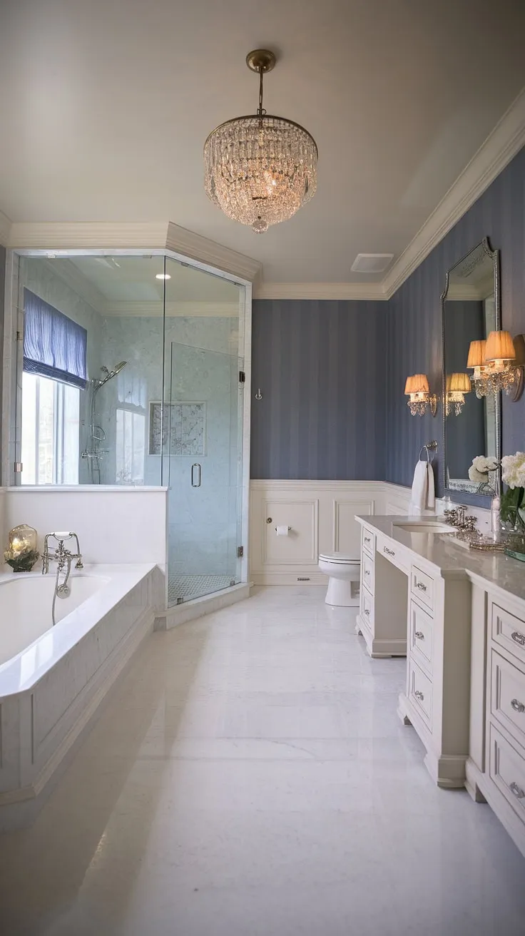 Indulge in the serene escape of this Hollywood Regency bathroom, where classic design meets modern luxury. The blue and white striped wallpaper, gleaming marble floors, and elegant fixtures create a spa-like ambiance perfect for unwinding after a long day. A true sanctuary for the soul.