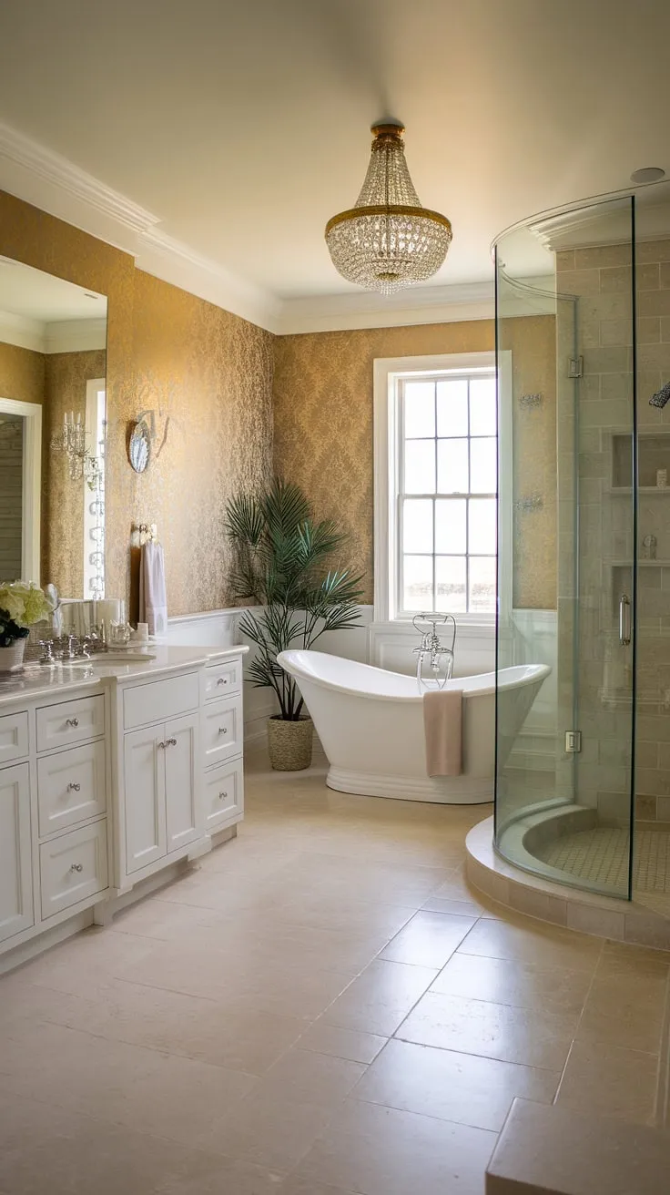 Step into a world of refined elegance. This Hollywood Regency bathroom, with its exquisite beige and gold wallpaper, freestanding bathtub, and thoughtfully placed greenery, offers a sanctuary of calm and sophistication. A testament to timeless design and luxurious living.