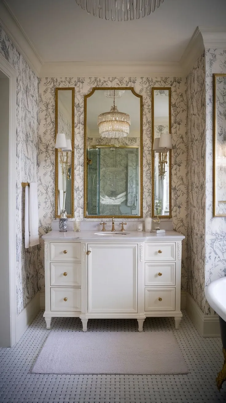 Indulge in the timeless elegance of this Hollywood Regency bathroom. The gold-accented floral wallpaper, shimmering chandelier, and crisp white vanity create a sanctuary of sophisticated luxury. A perfect blend of classic and contemporary design.