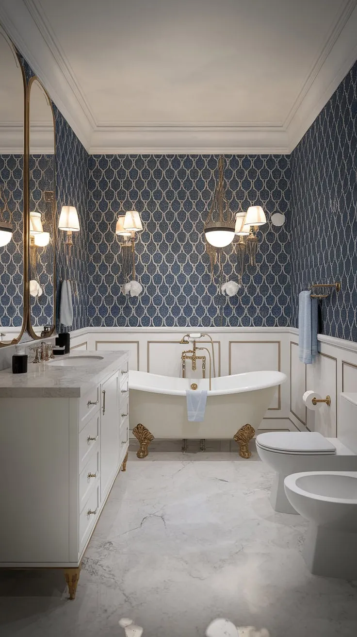 Indulge in the serene escape of this Hollywood Regency bathroom. The blue and white wallpaper, marble floors, and gold-accented fixtures create a luxurious haven where every detail is meticulously considered. A perfect sanctuary for unwinding after a long day.