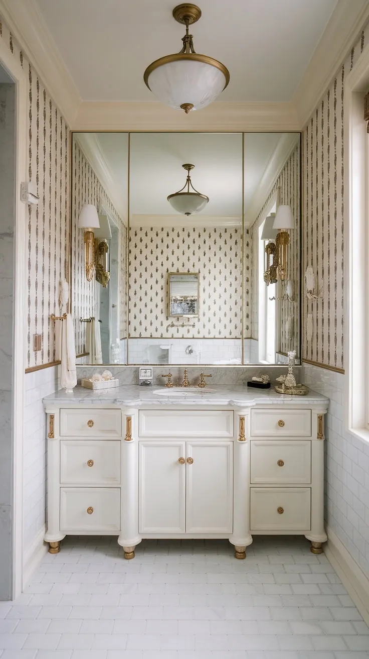 Indulge your senses in this breathtaking Hollywood Regency bathroom. The elegant white vanity with gold hardware, paired with the rich marble and A stunning wallpaper, creates a truly unforgettable space. A dream come true for any luxury bathroom design.