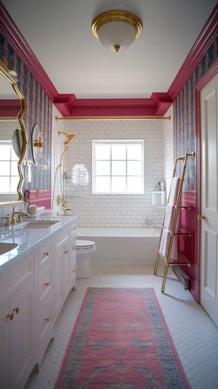 Indulge in the opulence of this Hollywood Regency bathroom. The harmonious blend of pink and blue stripes, complemented by shimmering gold fixtures and a crisp white palette, evokes a sense of timeless sophistication. Every element, from the vanity's elegant hardware to the plush pink rug, contributes to an atmosphere of unparalleled serenity and A truly unforgettable escape.