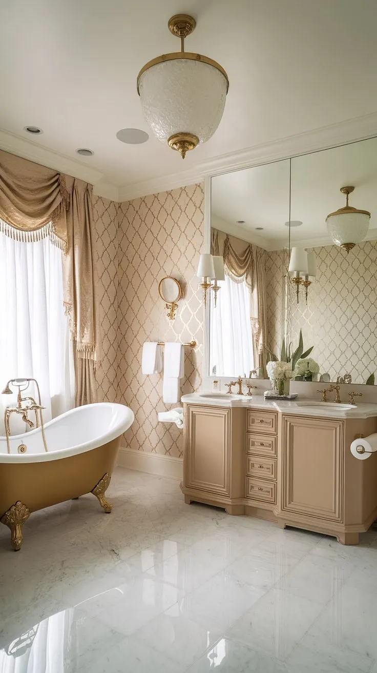 Indulge in the opulent embrace of this Hollywood Regency bathroom. The beige wallpaper, shimmering gold accents, and freestanding tub create a sanctuary of serenity, perfect for a luxurious spa experience, bridal preparations, or simply a moment of blissful solitude. A haven of refined elegance, it's a testament to classic design and timeless beauty. A true escape.
