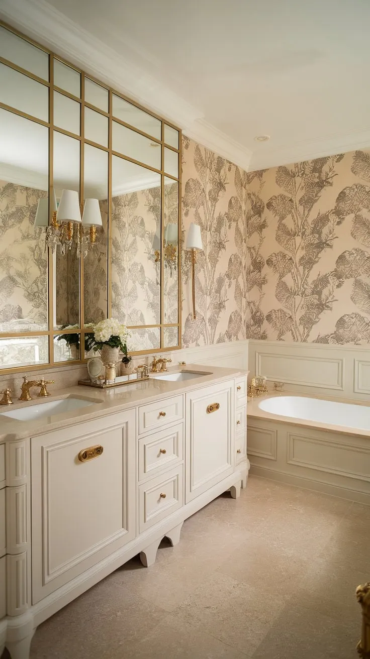Step into a world of refined luxury. This Hollywood Regency bathroom, with its exquisite details-from the ornate gold accents to the spacious double vanity-offers an unparalleled experience of comfort and style. A testament to classic design.