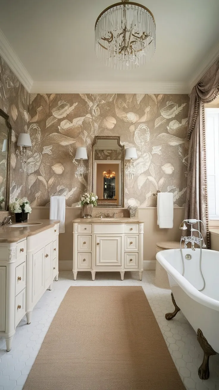Indulge in the serene elegance of this Hollywood Regency bathroom. The creamy beige and crisp white palette, accented by brass fixtures and a lavish floral wallpaper, creates a sanctuary of sophisticated calm. A perfect setting for pre-wedding pampering or a luxurious escape. A