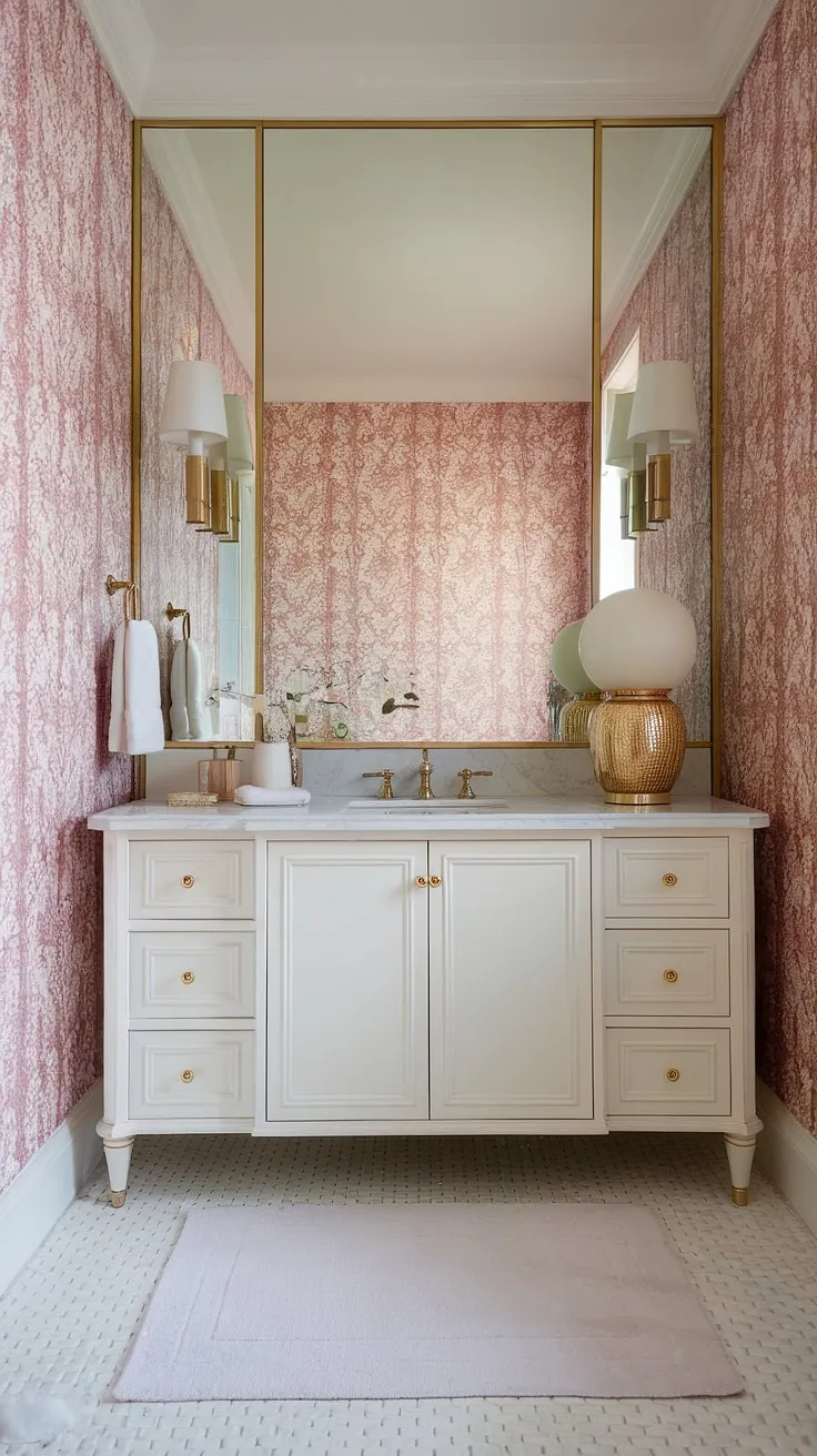 Step into a sanctuary of opulent serenity. This Hollywood Regency bathroom, with its blush-toned floral wallpaper, gleaming gold fixtures, and cloud-soft lighting, is the epitome of luxurious self-care. A true escape.