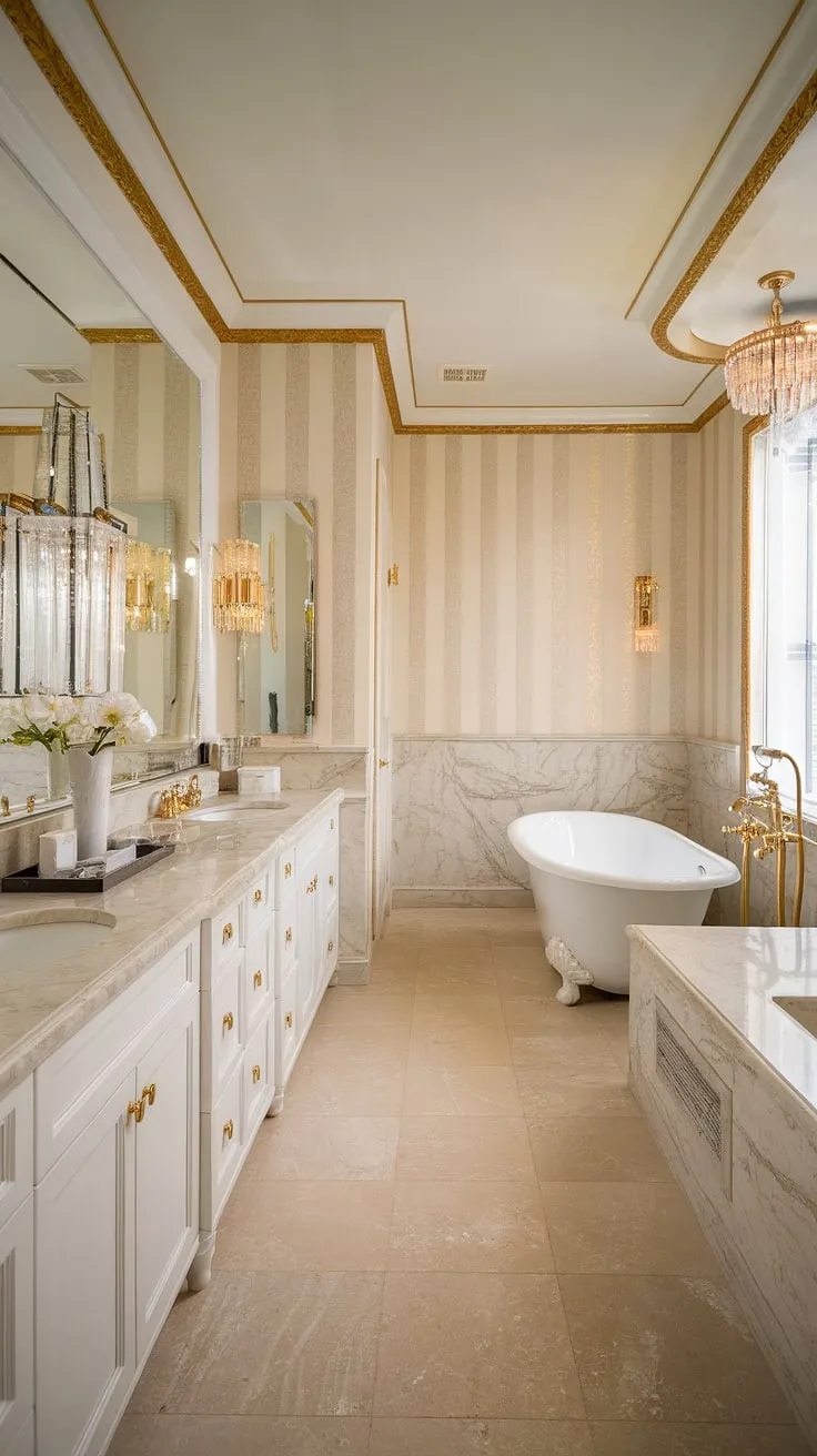 Step into a world of refined elegance. This exquisitely designed Hollywood Regency bathroom, featuring a freestanding tub, double vanity with gold accents, and A stunning interplay of beige and white, creates A haven of tranquility and opulence. A perfect blend of classic and contemporary.