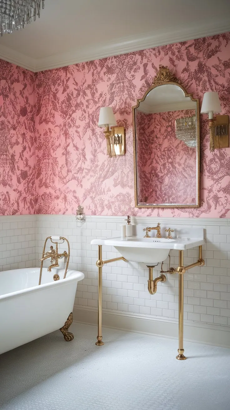 Indulge your senses in this exquisitely appointed Hollywood Regency bathroom. A symphony of pink floral wallpaper, shimmering gold fixtures, and a vintage vanity create a captivating space where elegance meets playful coquetry. A true escape.
