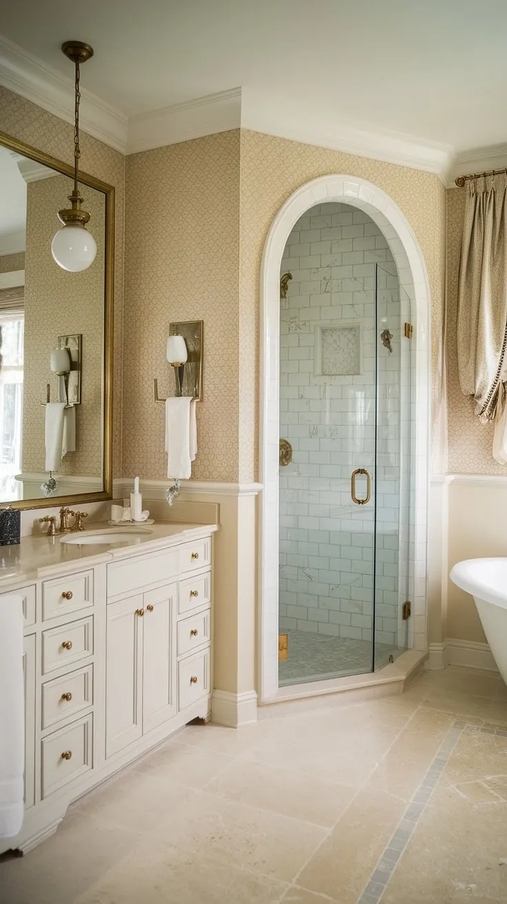 Step into a sanctuary of serenity. This Hollywood Regency bathroom, with its beige and white palette, brass accents, and classic design, evokes a sense of timeless luxury. A perfect space for relaxation, pampering, or preparing for a special occasion; it's a haven designed for indulgence. A true escape.