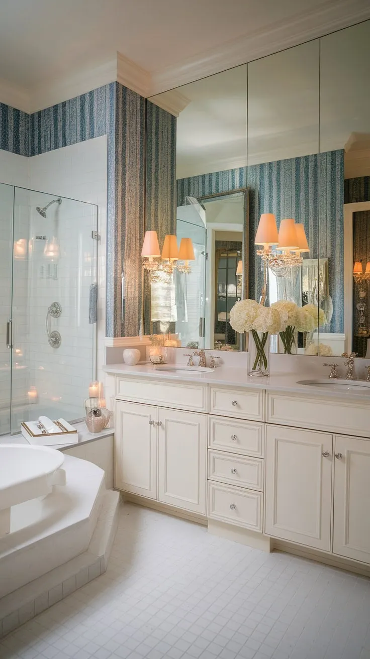 Indulge in the opulent serenity of this Hollywood Regency bathroom. The blue and white striped wallpaper, paired with the gleaming white tub and double vanity, creates a haven of sophisticated relaxation. A symphony of light and reflection, enhanced by flickering candlelight, transforms this space into a sanctuary for the senses. A truly luxurious escape.