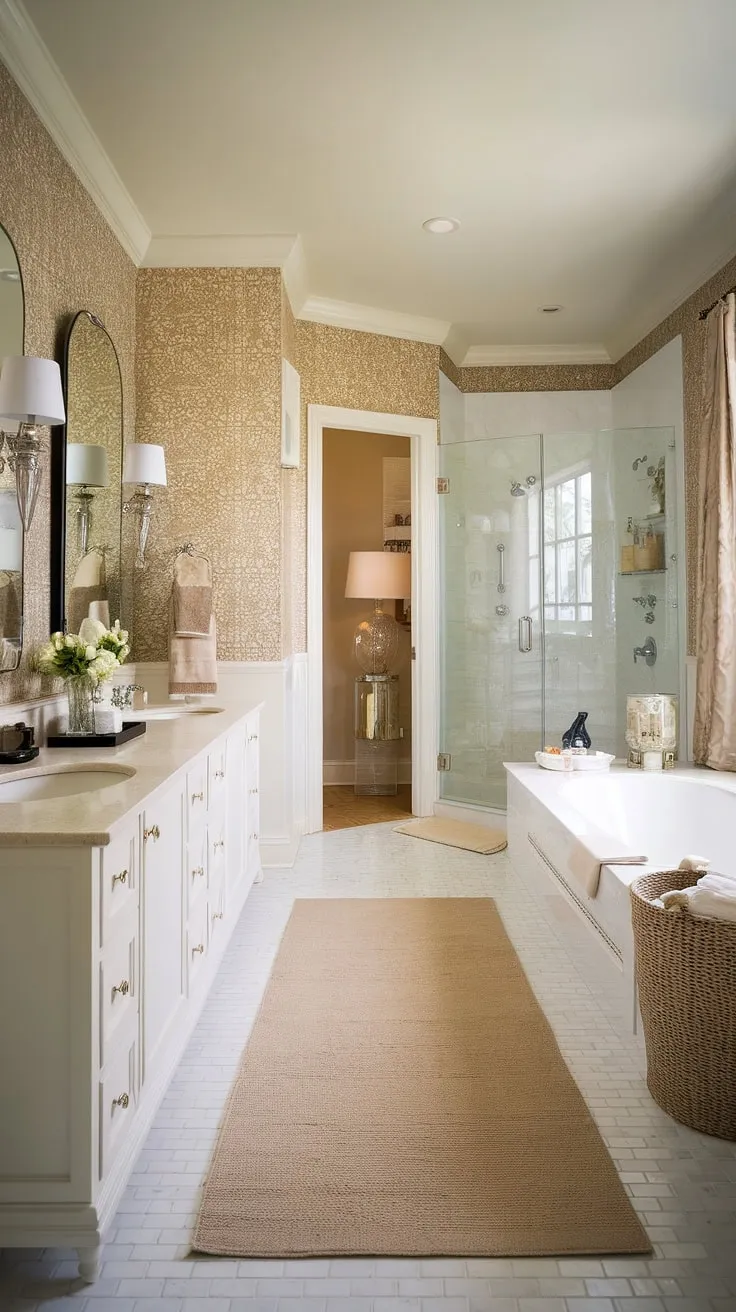 Step into a sanctuary of serenity. This Hollywood Regency bathroom, with its elegant beige and white palette, offers a luxurious escape where every detail is meticulously crafted for ultimate relaxation. The spacious layout, complete with a double vanity and separate shower, ensures a tranquil and rejuvenating experience.