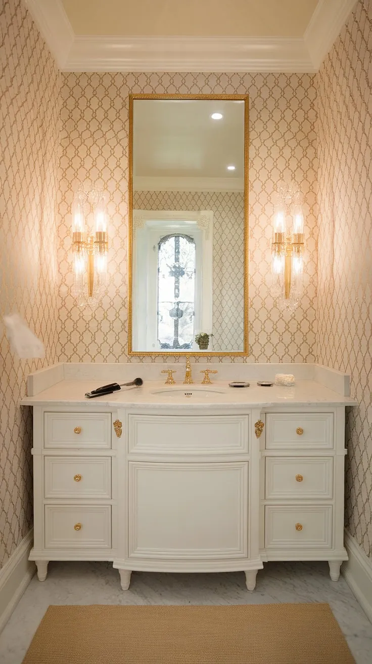 A whispered promise of forever, reflected in the gilded mirrors and soft glow of this coquette bathroom. A bride's sanctuary, where elegance meets preparation, and every detail is infused with A touch of Hollywood magic.