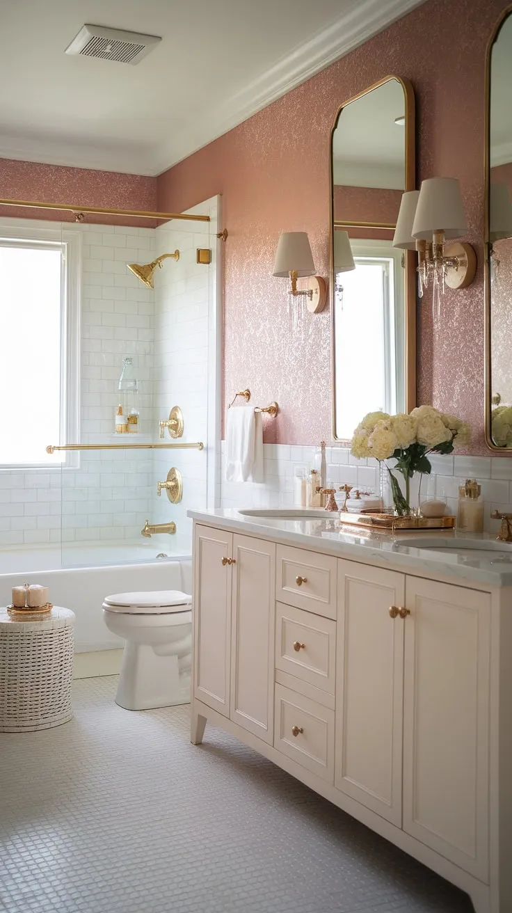 Indulge in the ultimate escape in this Hollywood Regency bathroom. The rose-toned walls, gleaming gold fixtures, and luxurious soaking tub create a sanctuary where pampering is paramount. A perfect blend of old-world glamour and modern comfort.