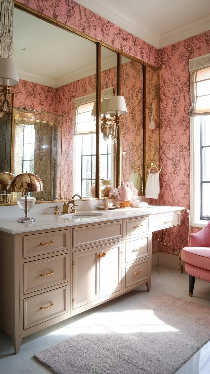 Indulge your senses in this breathtaking Hollywood Regency bathroom. The interplay of pink floral wallpaper, gold detailing, and soft natural light creates a truly captivating space. A perfect escape for those who appreciate refined elegance.