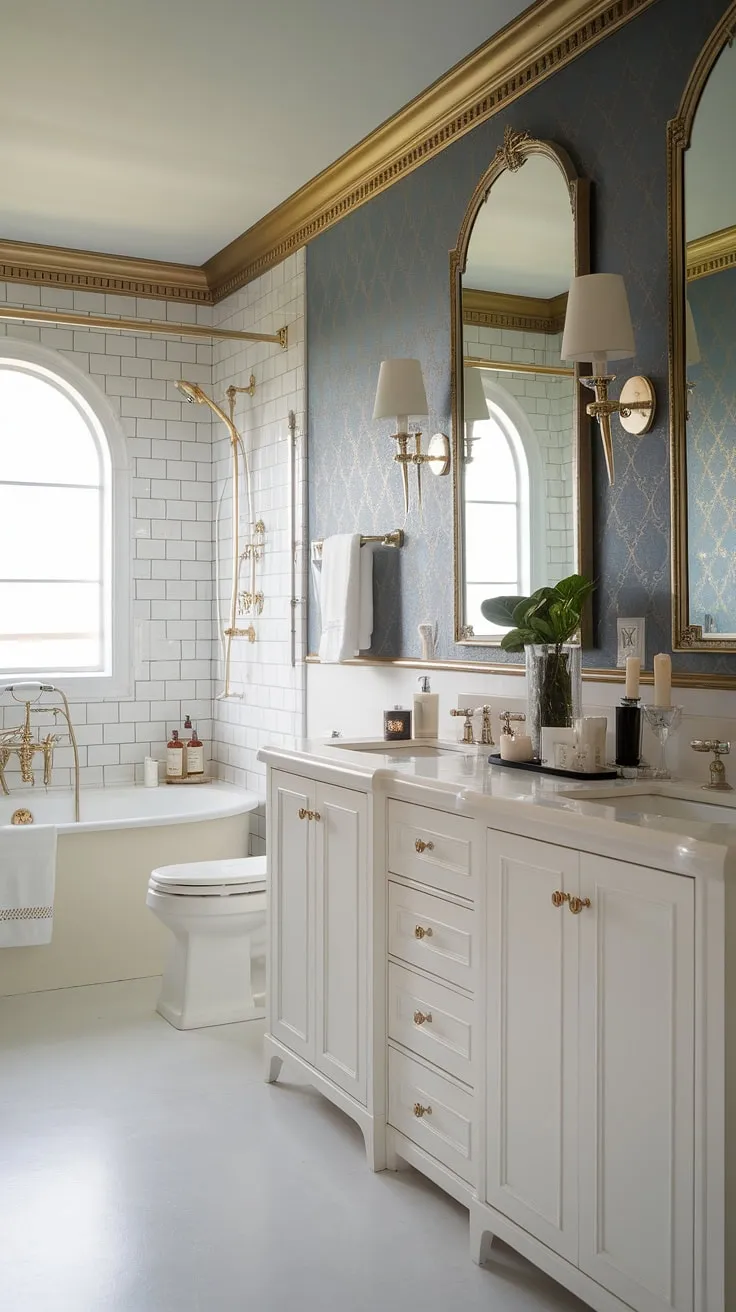 Indulge in the opulent serenity of this Hollywood Regency bathroom. The classic design, accented with gold detailing and a sophisticated blue wallpaper, creates a sanctuary of calm where every detail, from the double vanity to the freestanding tub, speaks to timeless elegance. A perfect escape.