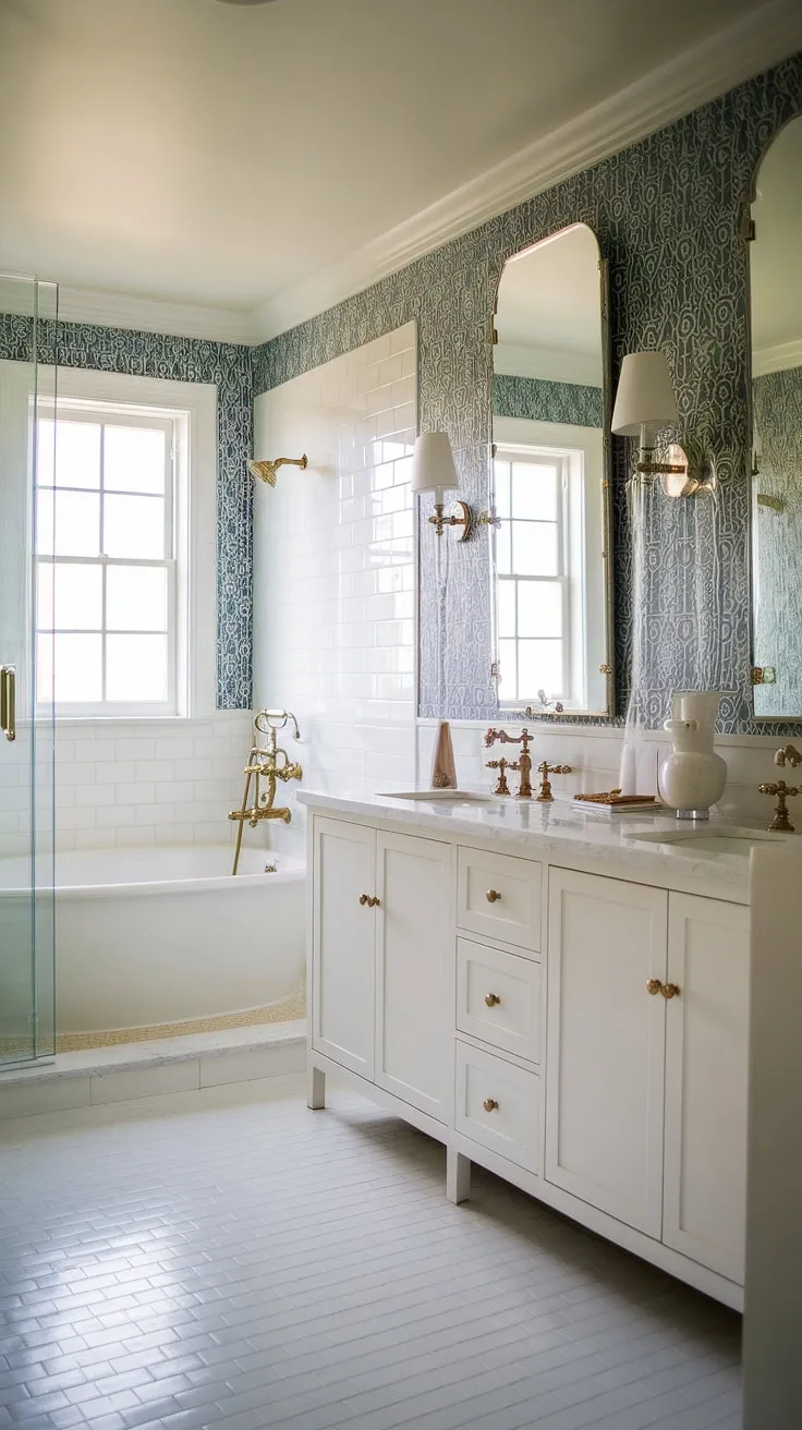 Indulge in the opulent serenity of this Hollywood Regency bathroom. The geometric wallpaper, gleaming brass fixtures, and sun-drenched space create a sanctuary of unparalleled luxury. A perfect blend of vintage charm and modern comfort.