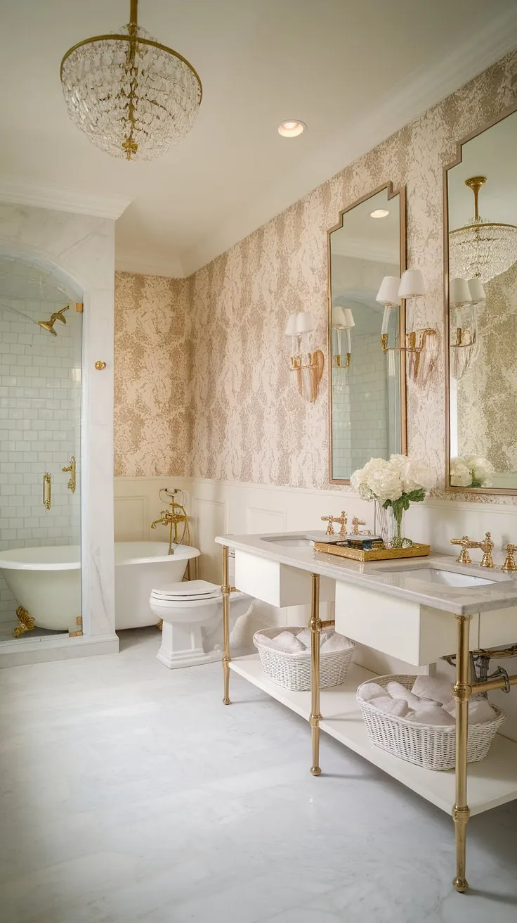 Prepare for your happily ever after in this breathtaking Hollywood Regency bathroom. The exquisite details, from the freestanding tub to the shimmering gold accents, transform everyday routines into moments of pure indulgence. A truly unforgettable space for bridal pampering.