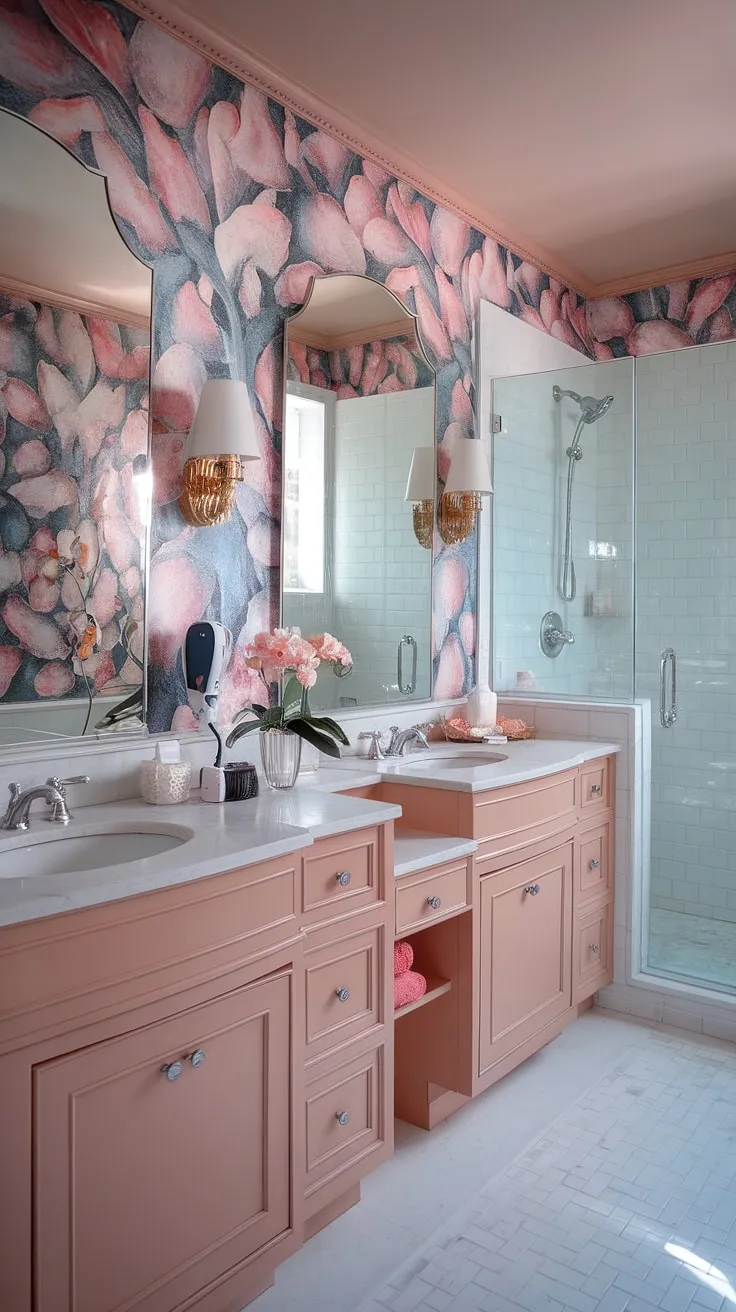 Indulge your senses in this exquisitely designed Hollywood Regency bathroom. A haven of tranquility, the bold floral wallpaper and freestanding tub offer a luxurious escape. A testament to refined taste and meticulous attention to detail, this space is pure bliss.