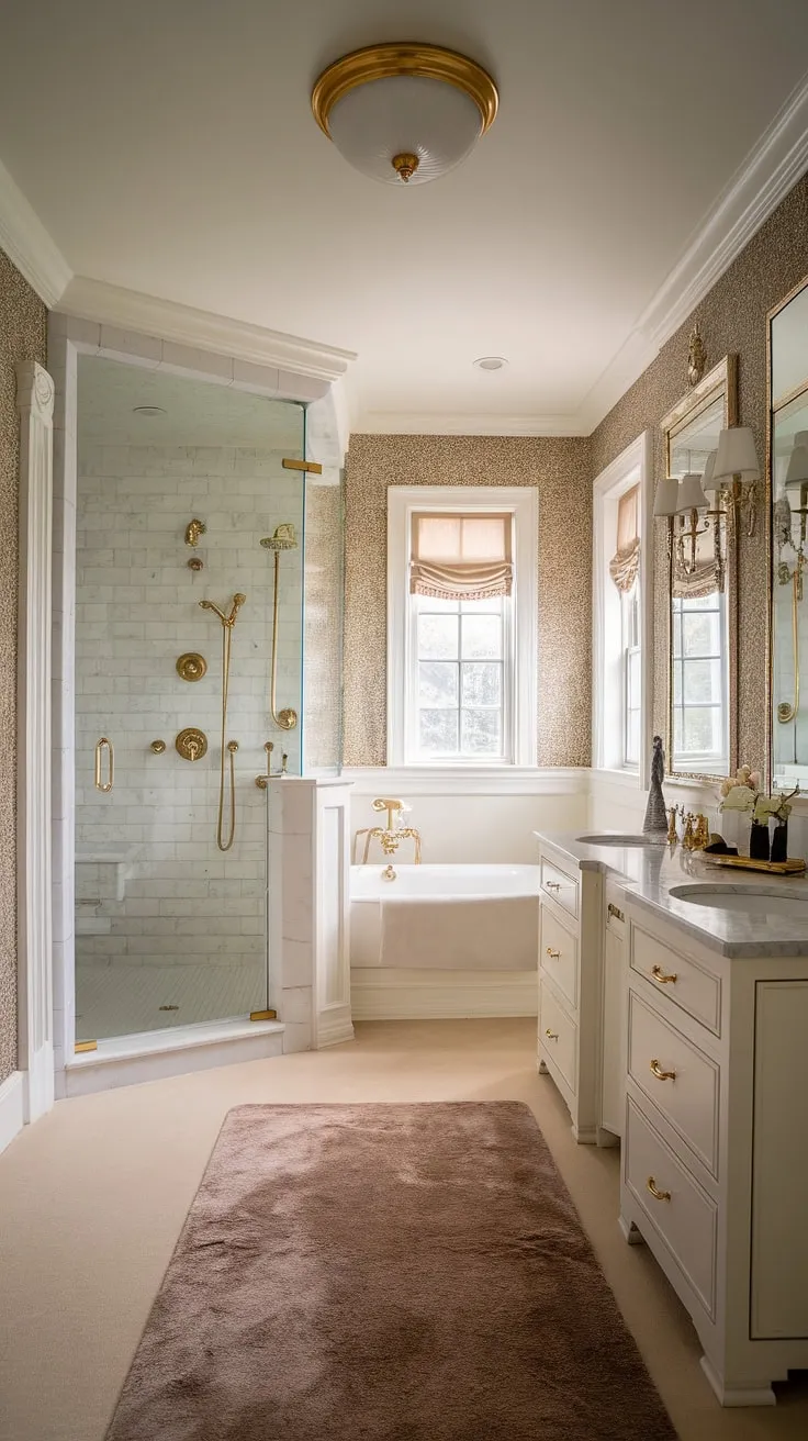 Step into a world of refined elegance. This Hollywood Regency bathroom, with its shimmering gold fixtures and luxurious textures, offers a spa-like experience. A perfect blend of classic glamour and modern comfort.