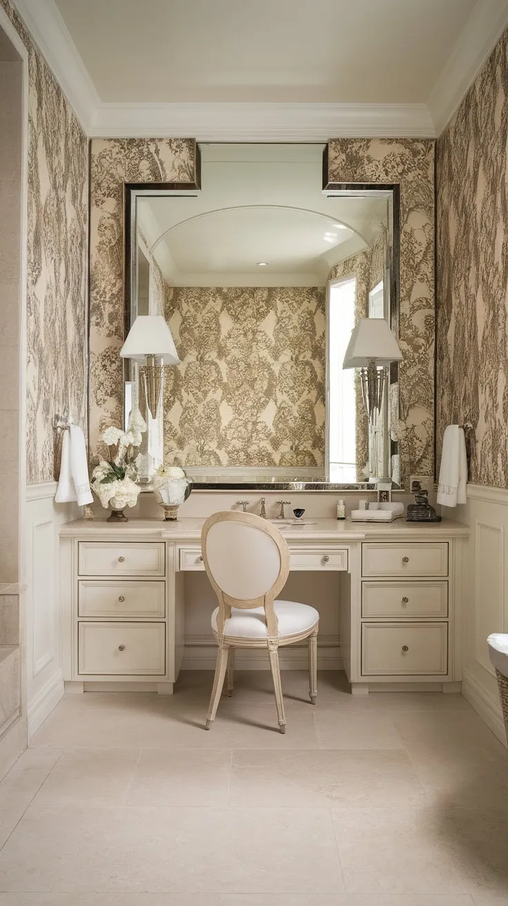Step into a sanctuary of serenity. This Hollywood Regency bathroom, with its elegant floral wallpaper and luxurious details, is the epitome of timeless style. The soft beige and white palette, complemented by the plush chair and ample vanity space, creates a haven perfect for relaxation or getting ready for a special occasion. A true escape.