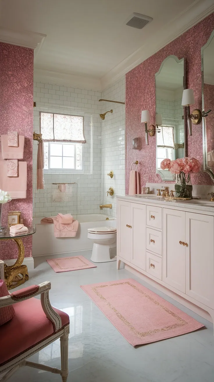 Indulge in the opulent escape of this Hollywood Regency bathroom. The blush pink floral wallpaper, gleaming gold fixtures, and plush towels create a sanctuary of refined luxury. A perfect blend of vintage glamour and modern comfort awaits.