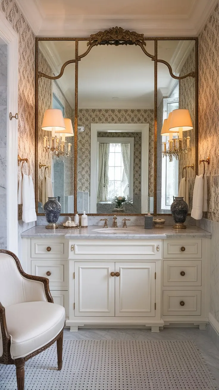 Indulge in the glamour of this Hollywood Regency bathroom. A testament to timeless style, the rich textures and ornate details create a space of unparalleled sophistication. A true escape from the everyday.