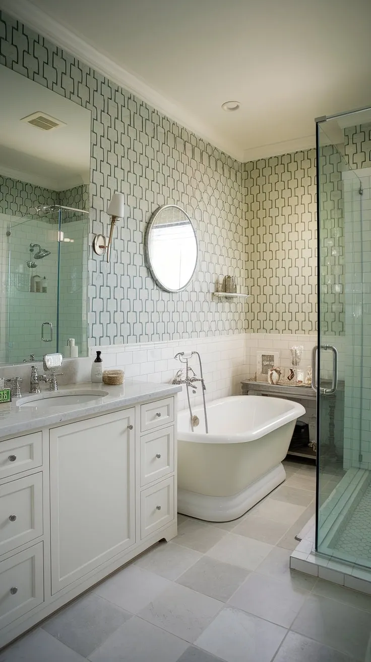 Indulge in the opulent serenity of this Hollywood Regency bathroom. The geometric green and white wallpaper, paired with a freestanding tub and sleek vanity, creates a space of unparalleled luxury. A perfect escape for those who appreciate refined design and A touch of old-world glamour.