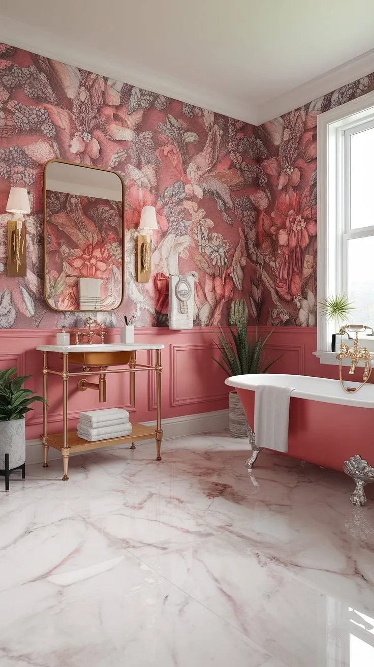 Step into a world of refined elegance in this Hollywood Regency haven. The interplay of coral pink and white marble, the classic floral wallpaper, and the gleaming gold fixtures create a breathtaking sanctuary. A freestanding tub, positioned perfectly to enjoy natural light, invites moments of blissful tranquility. Every detail, from the flourishing greenery to the carefully chosen accessories, speaks to a life of luxurious comfort.