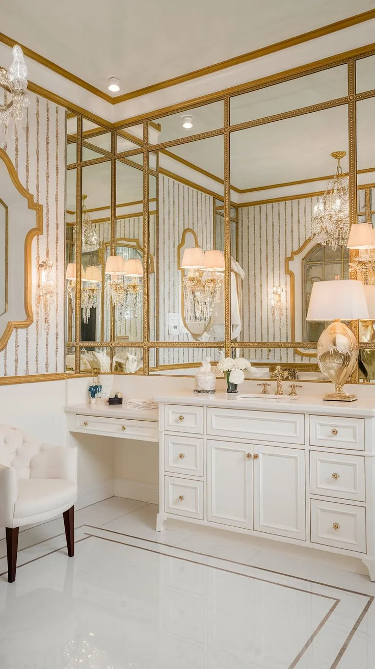 Indulge in the opulence of this Hollywood Regency bathroom. The classic white and gold palette, complemented by the rich textures and elegant lighting fixtures, creates a sophisticated and timeless space. Every detail, from the striped wallpaper to the ornate mirror, speaks to a refined sense of style and unparalleled luxury. A dream bathroom indeed.