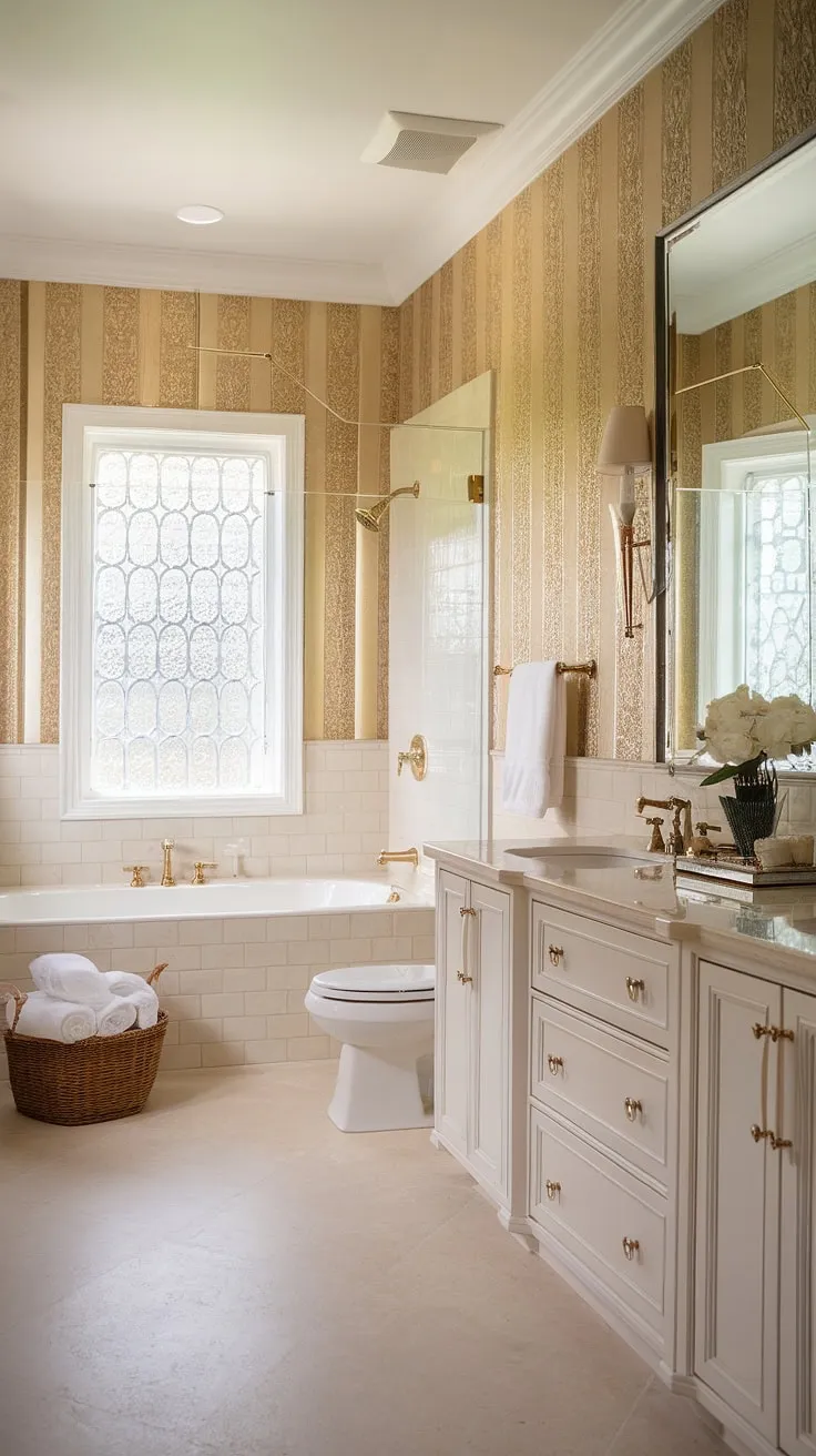 Step into a world of refined elegance. This Hollywood Regency bathroom, with its gleaming gold fixtures, patterned glass window, and plush towels, offers a sanctuary of calm and sophistication. A true testament to timeless design.