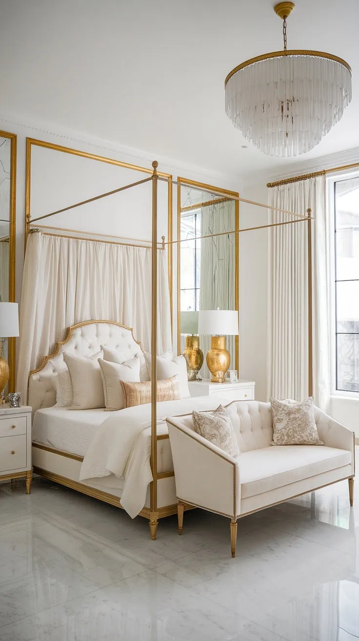 Indulge in the opulent allure of a bygone era. This Hollywood Regency bedroom, bathed in a white and gold palette, captures the essence of vintage Hollywood glamour. Every element, from the majestic canopy bed to the gleaming gold lamps, whispers tales of lavish parties and unforgettable nights. A true testament to timeless design.