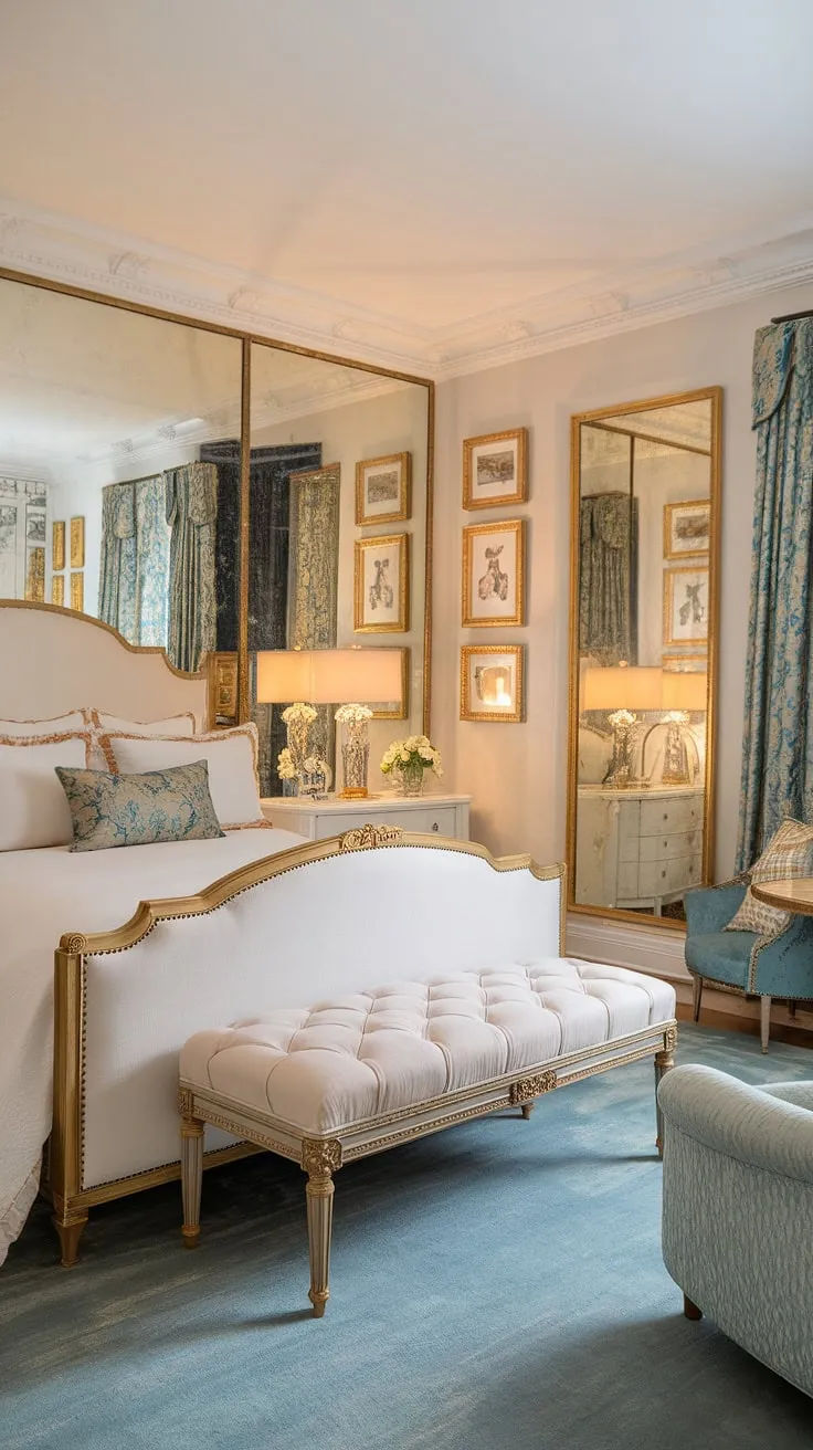 Step into a world of vintage glamour in this Hollywood Regency bedroom. The crisp white and gold palette, accented with pops of blue, creates an atmosphere of sophisticated elegance. A king-size bed, ornate gold mirrors, and carefully curated furniture pieces complete the luxurious feel. This is where dreams are made of.