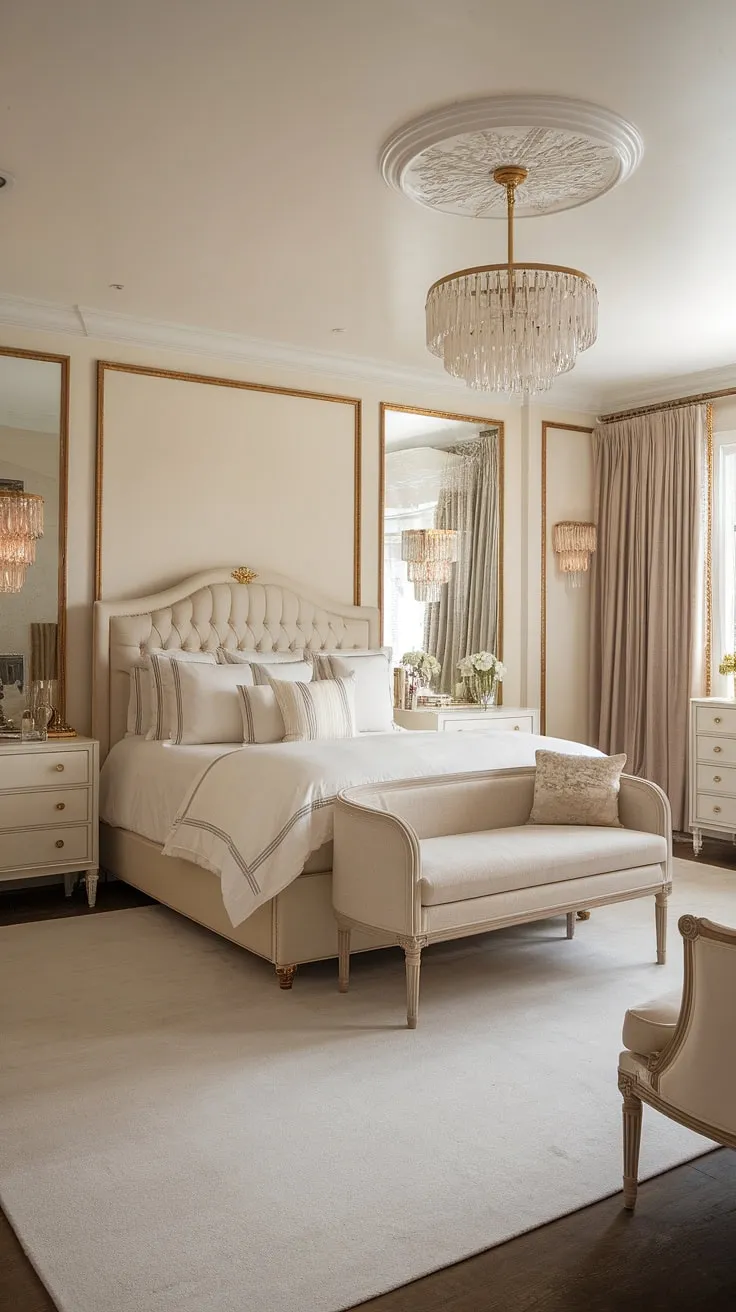 Step into Old Hollywood glamour. This bedroom's beige and white palette, accented with gold, creates a sophisticated and serene escape. The vintage details, from the elegant chandelier to the plush bedding, whisper tales of bygone eras. A truly luxurious retreat.