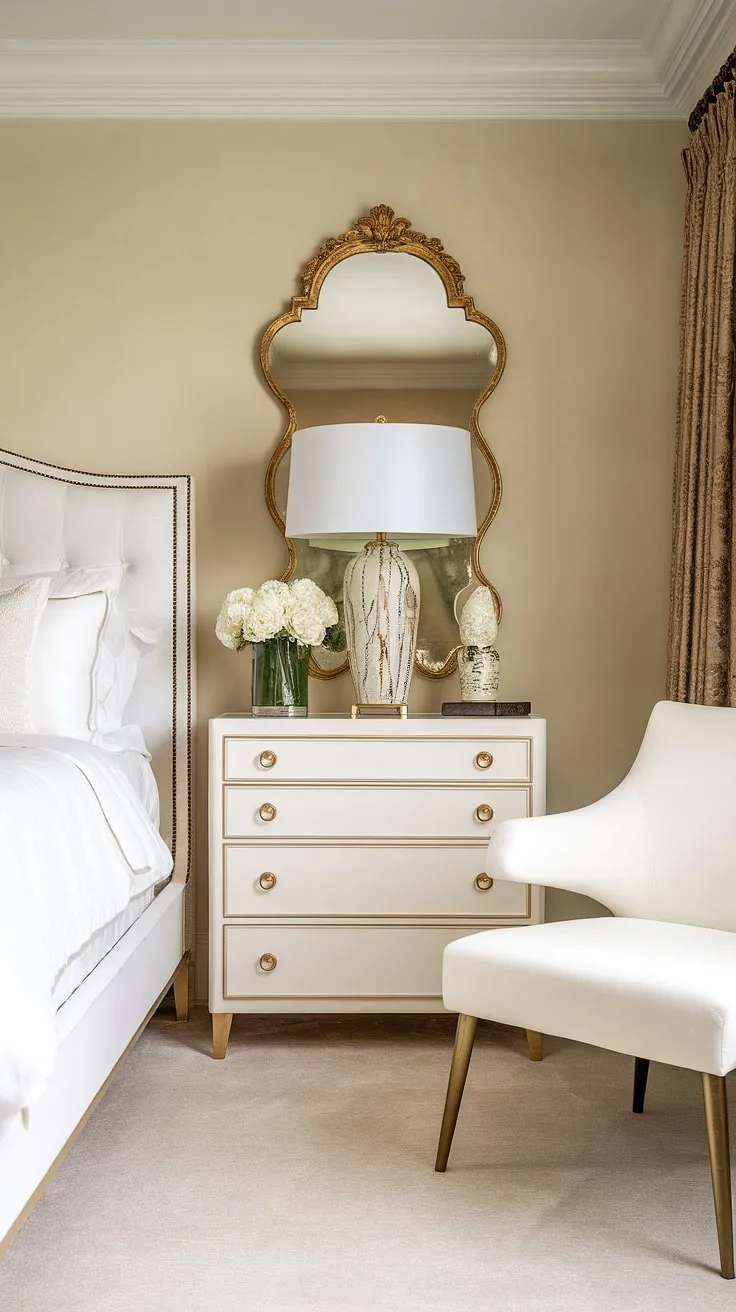 Step into a world of vintage glamour, where soft beige walls whisper secrets of Old Hollywood. The gold accents on the crisp white furniture, from the bed to the elegant chair, create a luxurious haven of retro chic. A perfect blend of timeless elegance and modern comfort.