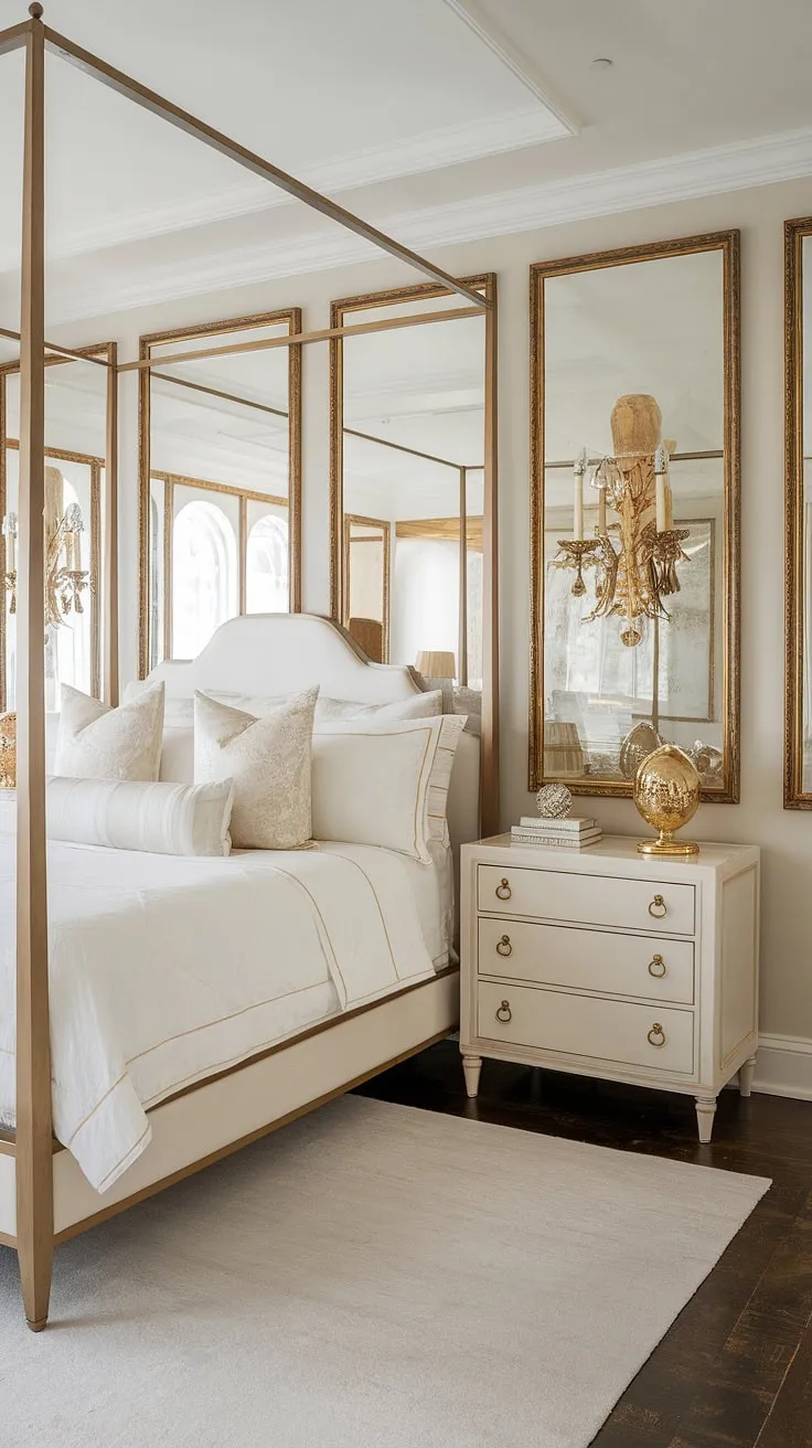 Indulge in the opulent allure of this Hollywood Regency bedroom. A symphony of white and gold, the space is a testament to vintage glamour, featuring a majestic four-poster bed and exquisite gold accents throughout. The carefully curated artwork and decorative objects complete the scene, transporting you to a bygone era of refined luxury.