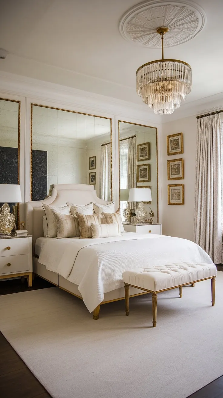 Step into Old Hollywood glamour. This bedroom's white and gold palette, luxurious king-size bed, and dazzling chandelier create an atmosphere of vintage elegance, perfectly capturing the spirit of the roaring twenties. The ornate gold frames and plush textures complete the Gatsby-inspired dream.