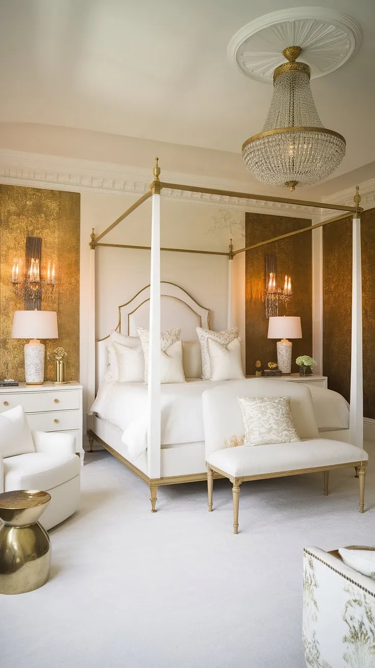 Step into Old Hollywood glamour. This bedroom's white and gold palette, accented with shimmering gold details on the four-poster bed, nightstands, and elegant chandelier, creates an atmosphere of timeless sophistication and luxurious comfort. The subtle gold patterned walls add a touch of vintage opulence, perfectly complementing the plush white carpet and seating. A true escape.
