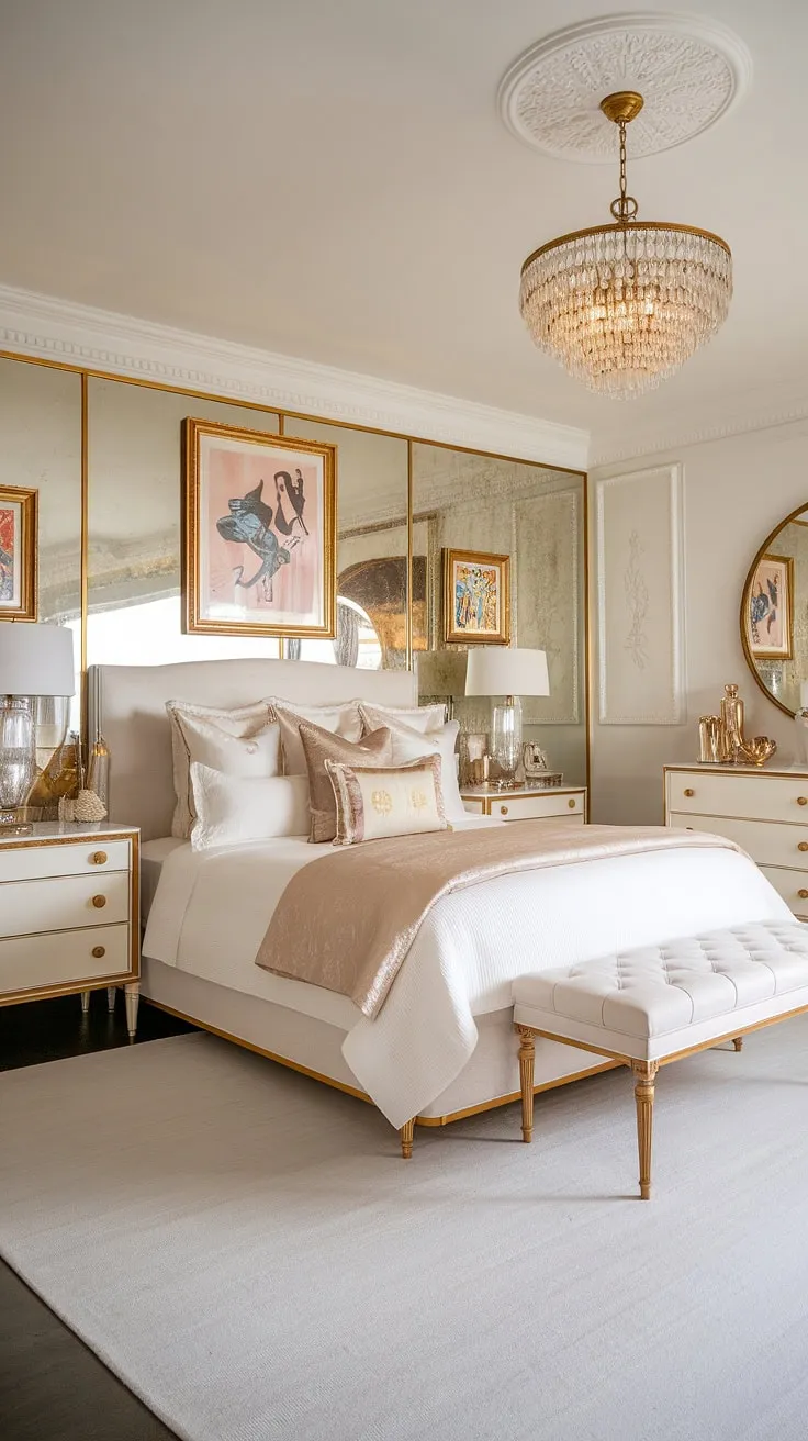 Indulge in the opulent allure of this Hollywood Regency bedroom. A king-size bed, shimmering gold accents, and a breathtaking chandelier set the stage for ultimate relaxation. The mirrored nightstand and carefully chosen artwork add a touch of vintage Hollywood glamour, creating a space that is both luxurious and inviting. A true escape.