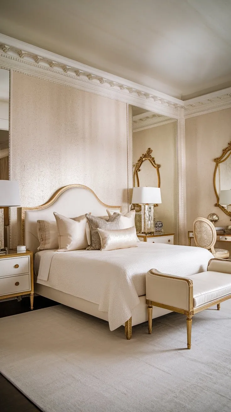 Indulge in the timeless allure of Hollywood Regency. This exquisitely designed bedroom, with its plush king-size bed and elegant gold accents, evokes a sense of classic sophistication. The textured walls and crown molding add architectural interest, while the soft lighting creates an intimate and luxurious atmosphere.