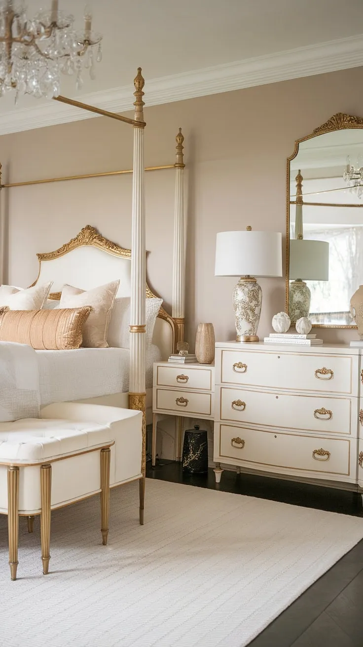 Indulge in the refined elegance of this Hollywood Regency bedroom. The crisp white furniture, gleaming gold accents, and luxurious textures transport you to a bygone era of sophisticated style. A truly captivating space where vintage charm meets modern comfort.