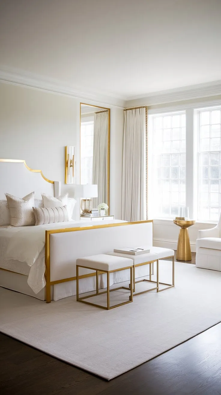 Indulge in the opulent serenity of this Hollywood Regency haven. A king-size bed, adorned with gold detailing, takes center stage against a backdrop of pristine white. The subtle gold accents and ample natural light create a space that is both luxurious and effortlessly chic. A true escape.