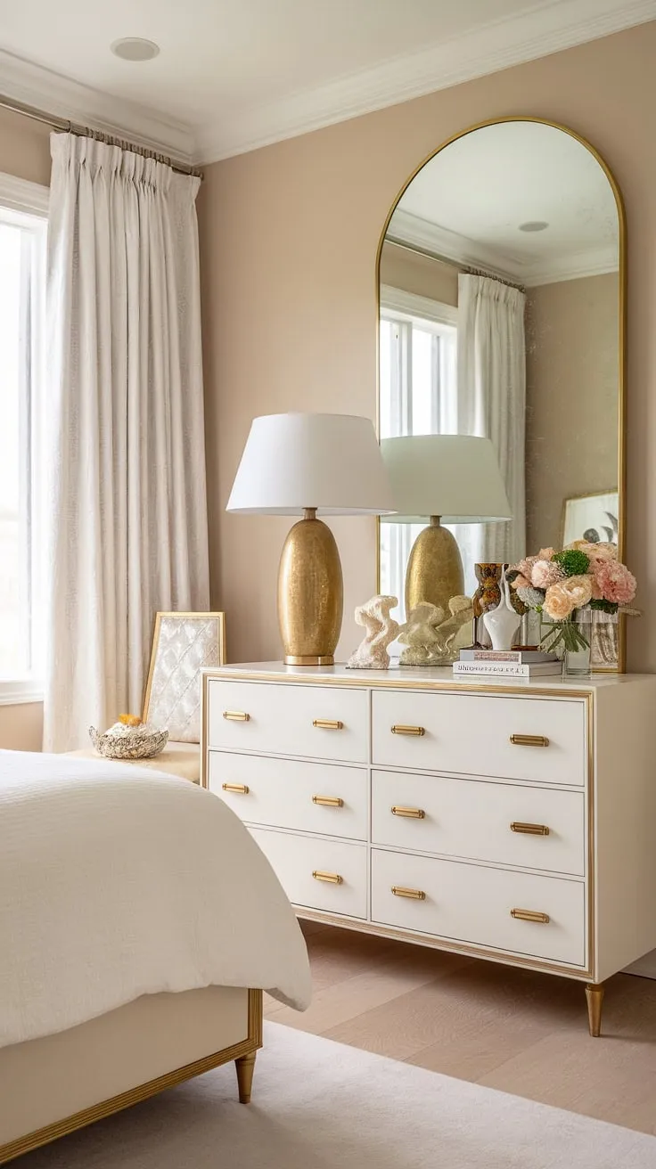 Step into Old Hollywood glamour. This bedroom's creamy walls, gold accents, and luxurious fabrics create a haven of refined elegance, a testament to timeless style and sophisticated comfort. The mirrored dresser reflects the room's beauty, amplifying the sense of spaciousness and light.