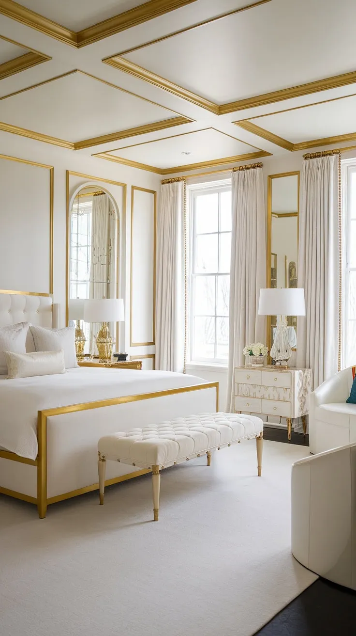 Indulge in the timeless allure of this Hollywood Regency escape. The meticulously curated details, from the gold-framed artwork to the elegant gold bed frame, exude a sense of refined luxury. This is more than just a bedroom; it's a testament to classic Hollywood style.