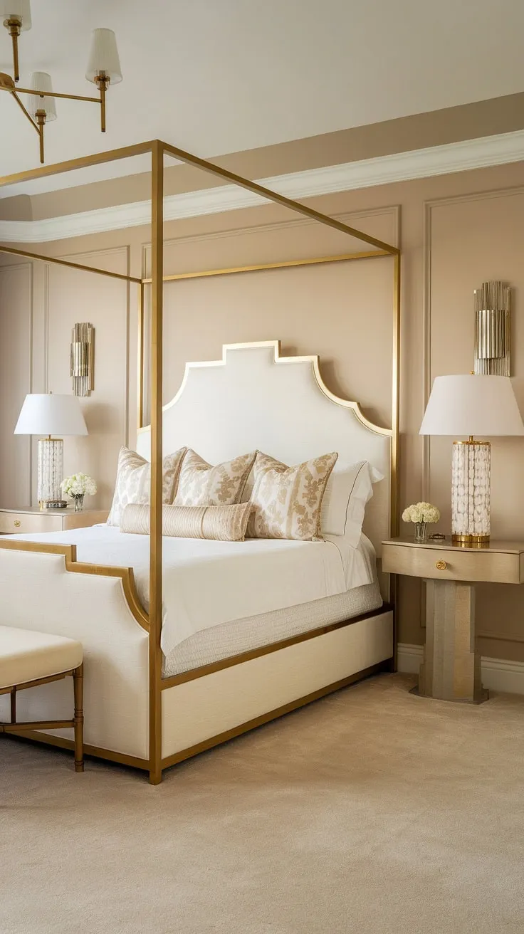 Step into old Hollywood glamour. This bedroom's timeless elegance, with its clean lines and luxurious gold accents, evokes a sense of sophisticated serenity. The soft beige walls and plush carpeting create a haven of calm, while the stunning gold chandelier and wall sconces add a touch of dazzling brilliance. A perfect sanctuary for restful nights and glamorous mornings.