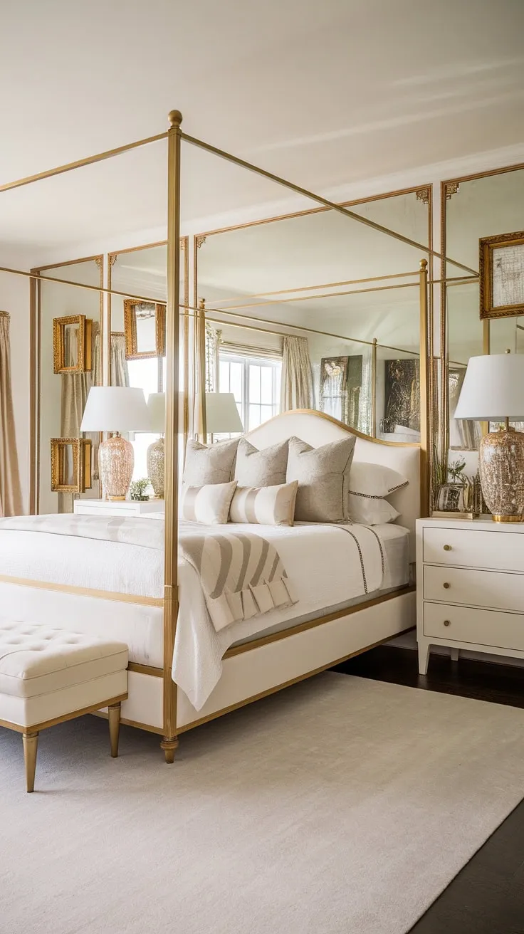 Step into a world of old Hollywood glamour. This bedroom, with its four-poster bed, gleaming gold accents, and luxurious white furnishings, evokes the timeless elegance of the Gatsby era. A haven of refined sophistication, it's a space where dreams are made of gold and memories are gilded.