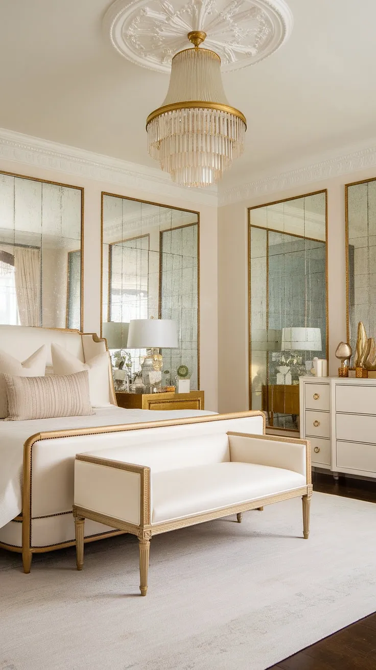 Indulge in the luxurious embrace of this Hollywood Regency bedroom. The interplay of white and gold creates a sophisticated atmosphere, while the vintage details and glamorous accents transport you to a bygone era of cinematic splendor. A sanctuary of refined taste and unparalleled beauty.
