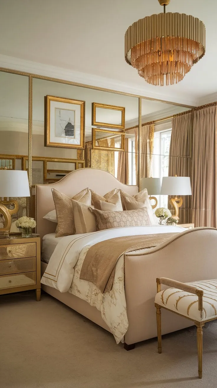 Indulge in the refined luxury of this vintage Hollywood Regency bedroom. The soft beige and rich gold tones create a harmonious atmosphere, while the elegant chandelier and carefully chosen accessories add a touch of undeniable glamour. A perfect sanctuary for those who appreciate classic style and sophisticated design.