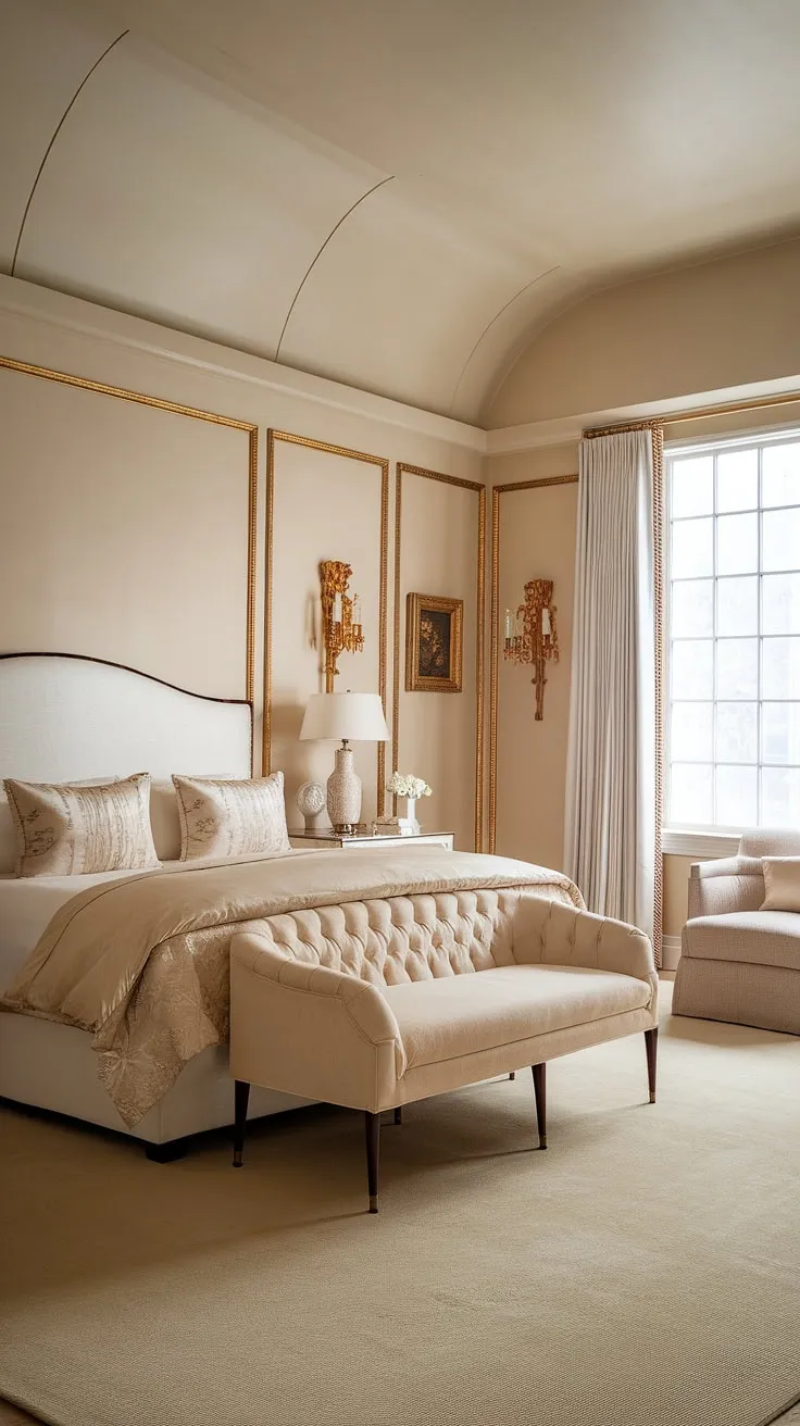 Indulge in the refined elegance of this Hollywood Regency bedroom. The neutral palette, punctuated by subtle gold accents, creates a calming and luxurious space. The spacious layout and comfortable furnishings promise restful nights and tranquil mornings. A true escape into the golden age of Hollywood.